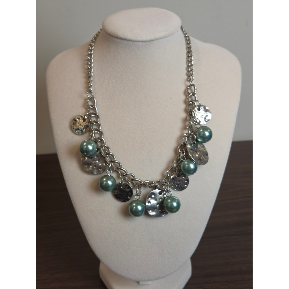 Silver Tone Hammered Disc Sage Green Faux Pearl Statement Cluster Necklace